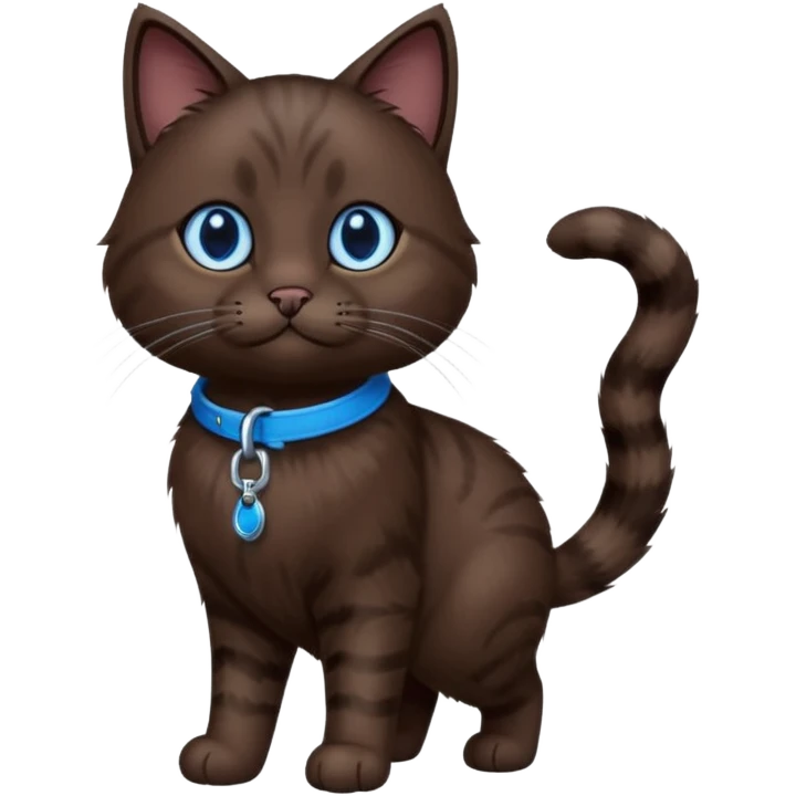 Dark brown cat with blue eyes walking on a leash emoji