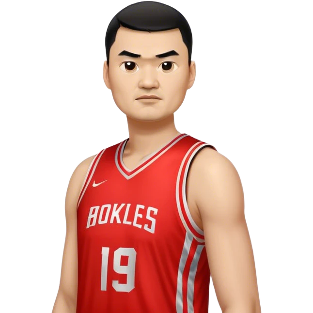 Yao Ming – Cinematic Realistic Portrait of Yao Ming, depicted as a towering basketball icon in a modern uniform, with a gentle yet determined expression and dynamic arena lighting that highlights his immense stature and graceful athleticism. emoji