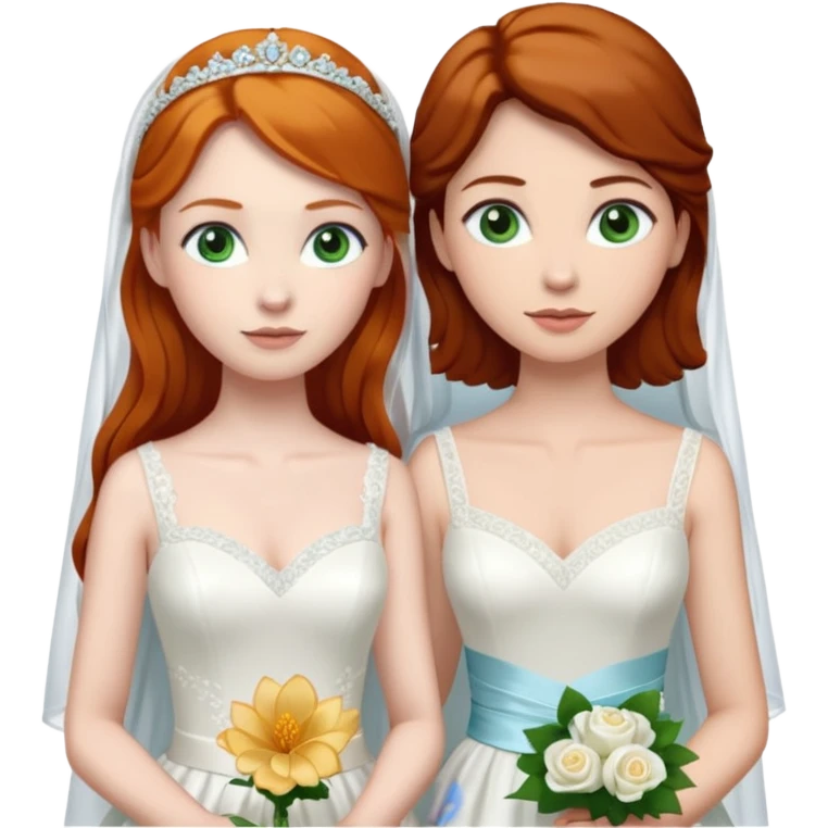 A ginger woman with blue eyes, marrying a taller, pale woman with very dark brown hair and green eyes, both in wedding dresses. emoji