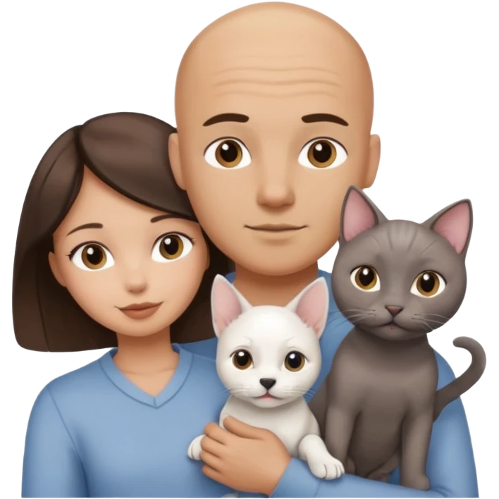 Bald guy with brunette girl and white puppy and Grey cat emoji