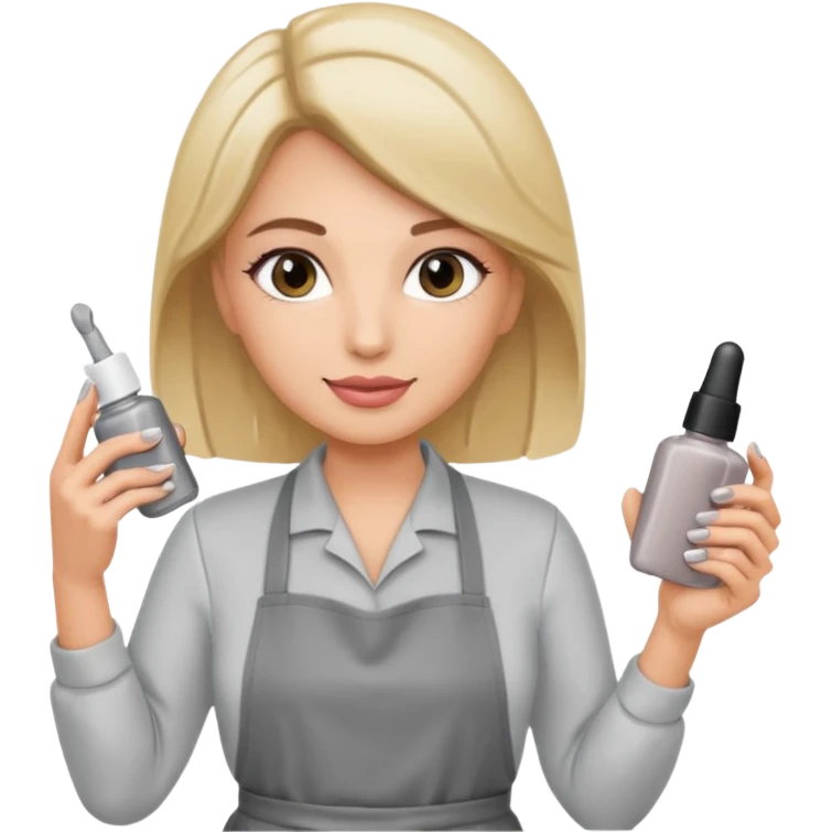 female nail master with small gel polish in hand in grey apron  emoji