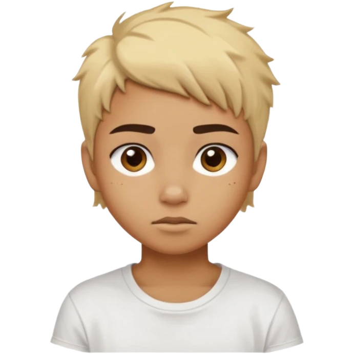 caramel skin color. Teen age. Short buzz, messy blonde hair, dark brown bushy eyebrows large expressive golden-brown eyes, brown skin color, scar over nose, wearing a plain white t-shirt. emoji