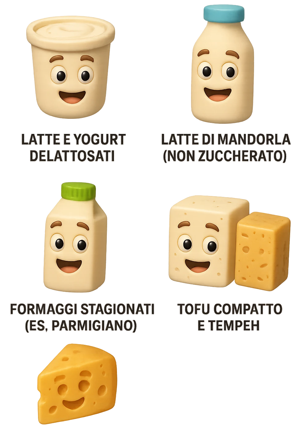 emoji stile iphone 3d di questi elementi che fluttuano in aria:

Latte e yogurt delattosati
Latte di mandorla (non zuccherato)
Latte di soia da proteine isolate
Formaggi stagionati (es. parmigiano)
Tofu compatto e tempeh
 che fluttuano in aria,  le etichette scrivile in italiano, iperealistico 4k emoji
