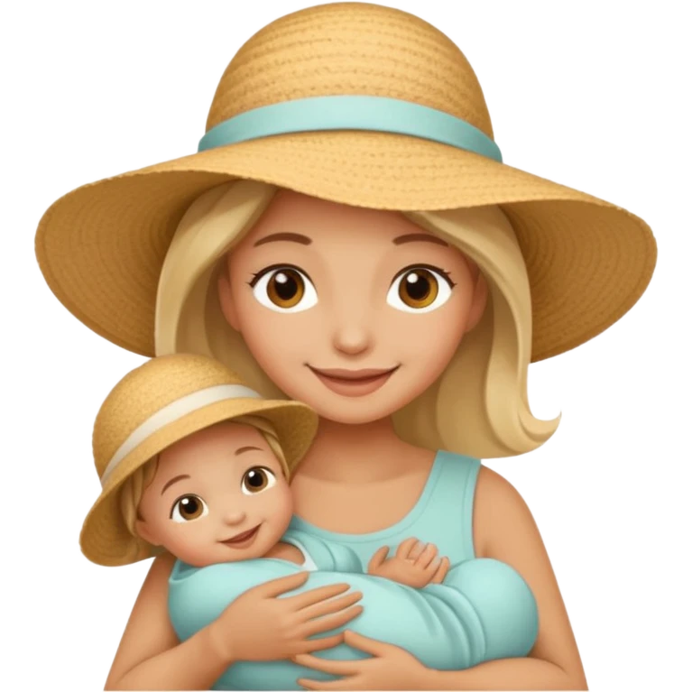 A mom in a sunhat holding her baby gently while smiling softly. emoji