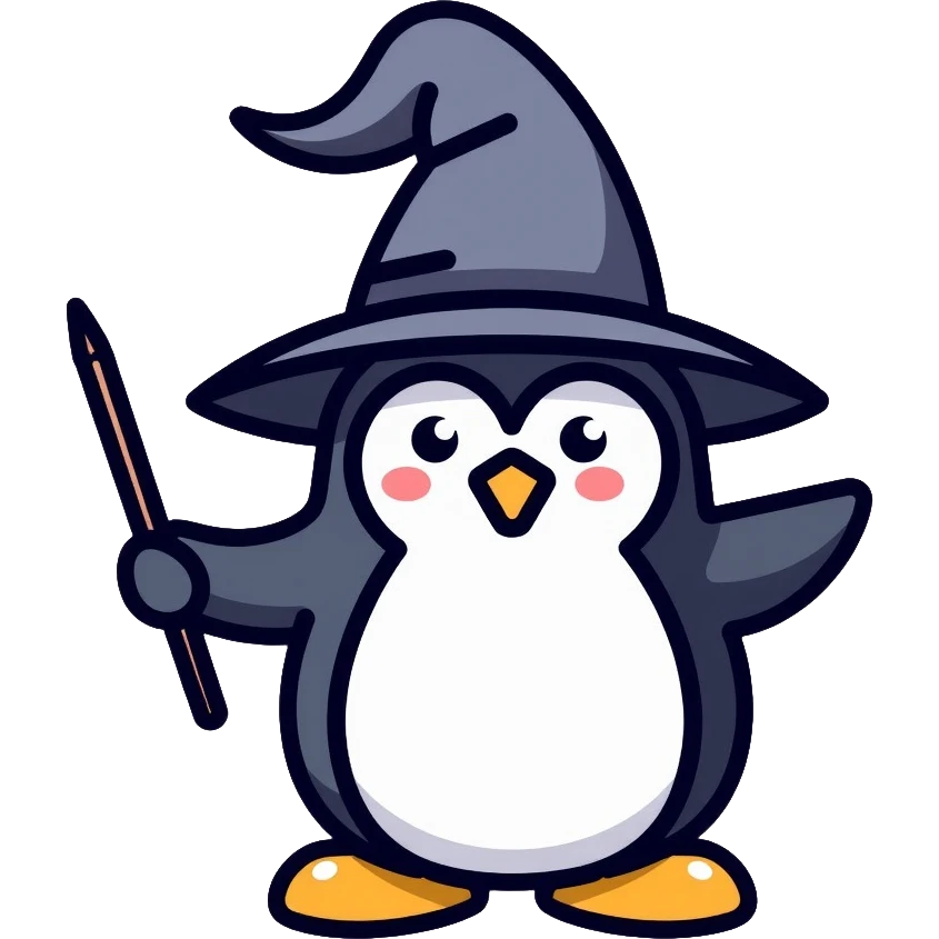 wizard penguin wearing a pointy wizard hat and holding a magic wand emoji