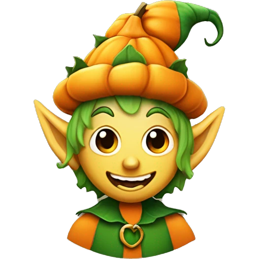 Elf with a pumpkin head, carved smile face on the pumpkin, leaves in hair, Halloween theme, emoji emoji
