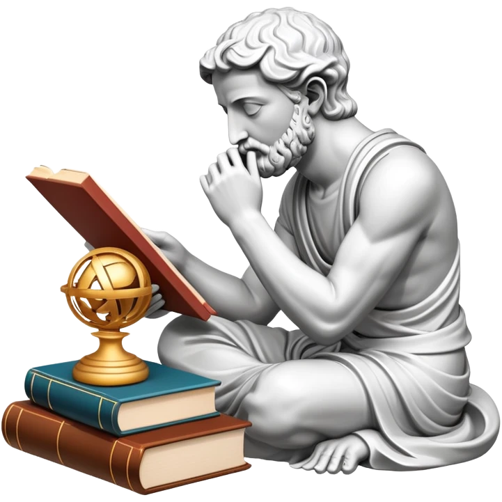 An icon featuring a Thinker statue, a scroll, symbolizing philosophy. The design includes books and abstract symbols representing deep thought and wisdom. Transparent background highlights the study of ideas, logic, and existential questions emoji