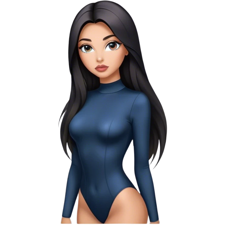 Glamours, tanned, very beautiful girl, with big pump peach-beige-rose lips, long long lashes, black straight smooth silky long hair, straight parting hair, blue-grey eyes in black long-sleeves bodysuit emoji