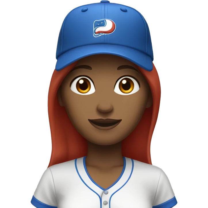 front facing standing up female coach with long red hair, wearing a white t-shirt and a simple baseball blue hat emoji