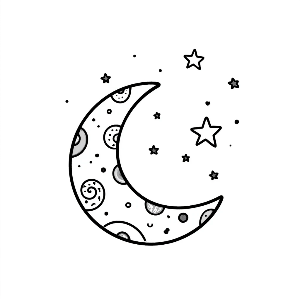 hand drawn doodle moon with stars and swirls emoji