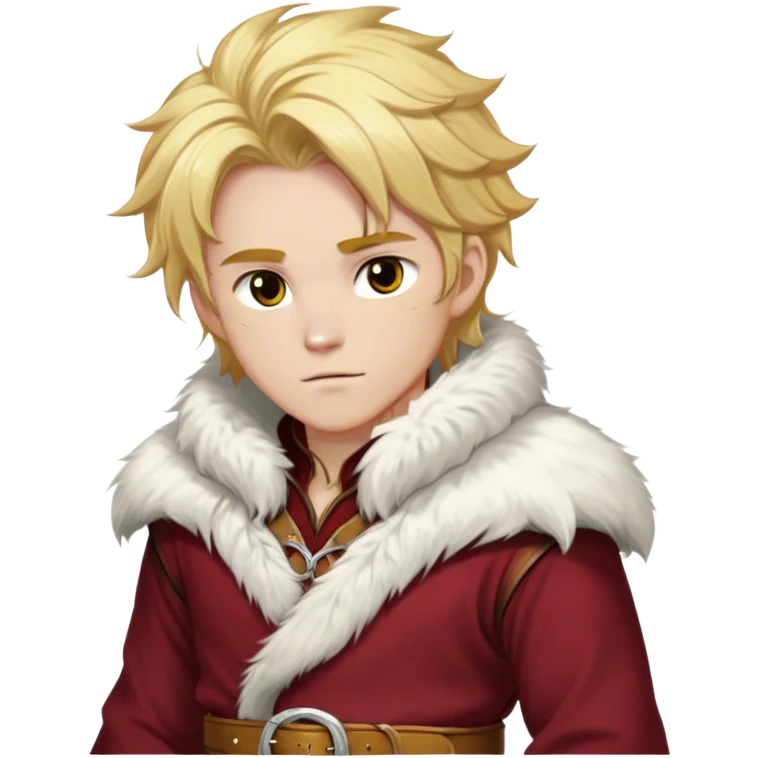 Medieval winter outfit worn by a DnD themed fantasy male character. Thick crimson wool tunic with white fox fur trim, featuring carved ivory toggles and a wide leather belt with bronze buckle. Clothes only above the waist, full waist coverage. The character has no arms. Character is white-skinned with honey gold hair, storm-cloud gray eyes, and medium-length tousled hair with icy highlights. emoji