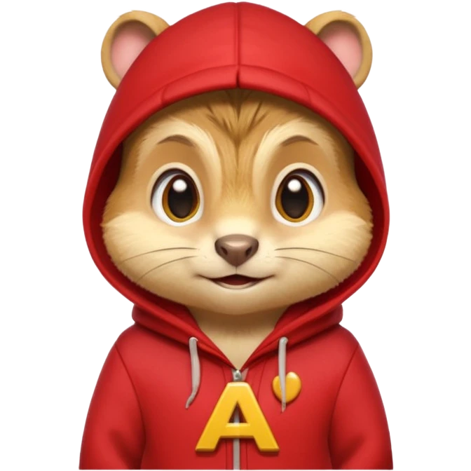 Portrait of a cartoon chipmunk with light brown and beige fur, wearing a red hoodie with a yellow 'A' on it, big round eyes, small nose, and a mischievous grin, front-facing, stylized in animated movie style emoji