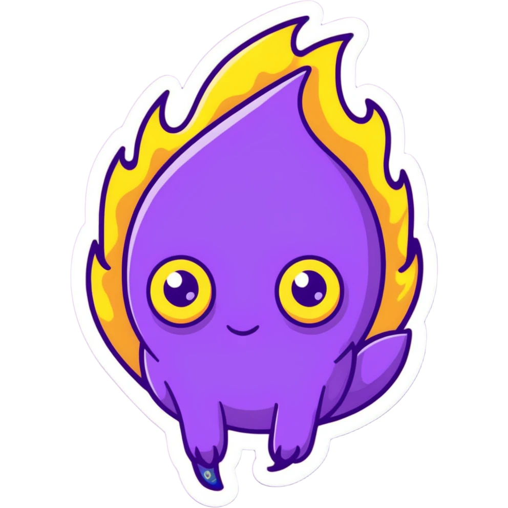 purple fire with eyes, cartoonish sticker style emoji