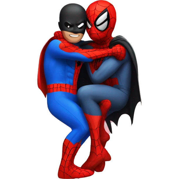 spiderman and batman hugging with hearts around them emoji