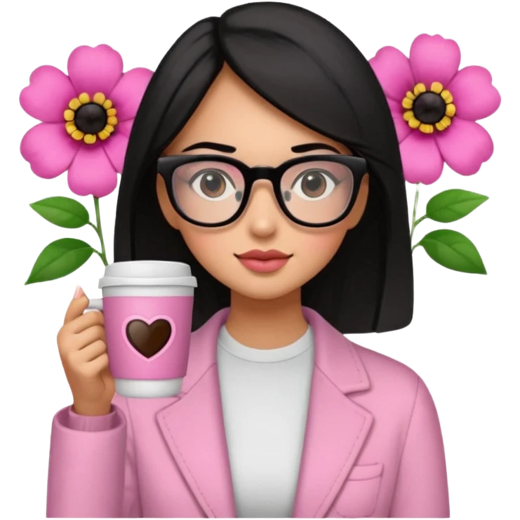 Chica de pelo negro ojos negros y piel morena con lentes oversize square con ropa bonita m pantallas pequenas de cristal , en la mano derecha una taza de cafe en color rosa con una flor negra de diseno. Sentada mirando la television. emoji