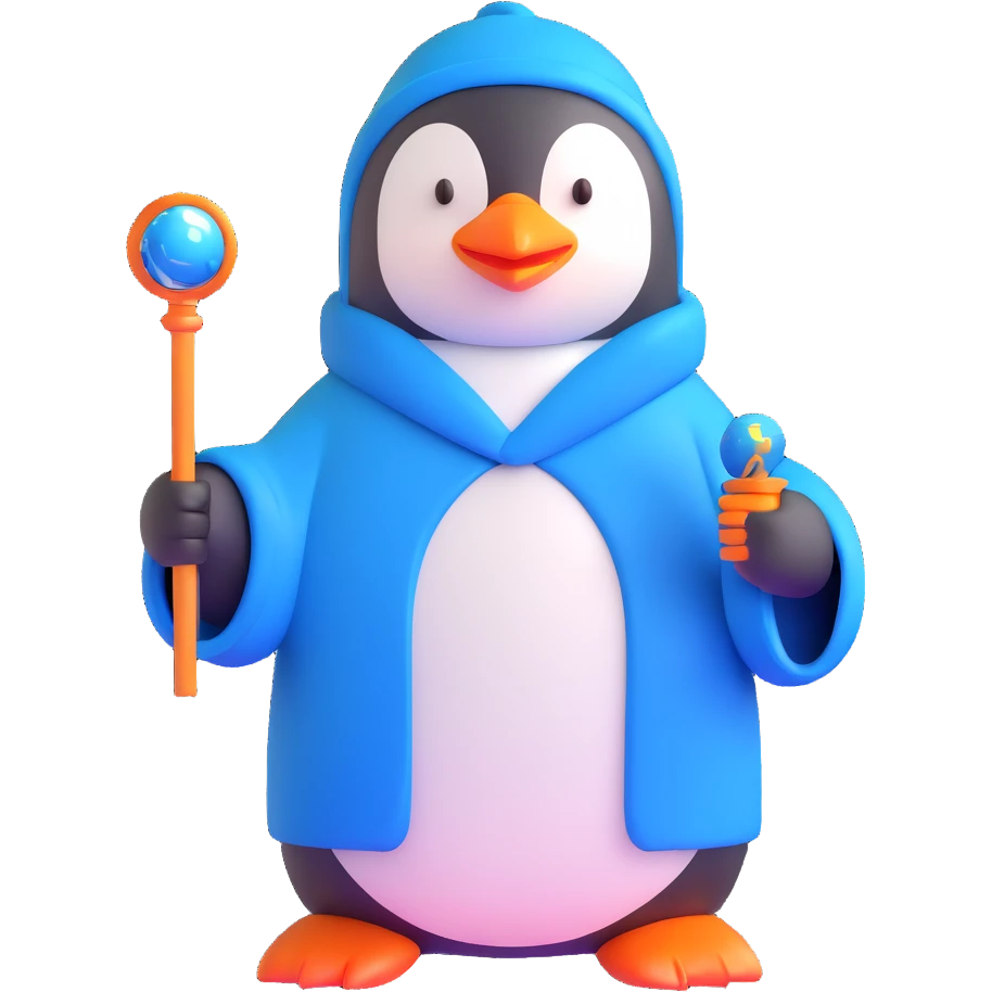 penguin wizard with blue robe and magic staff emoji