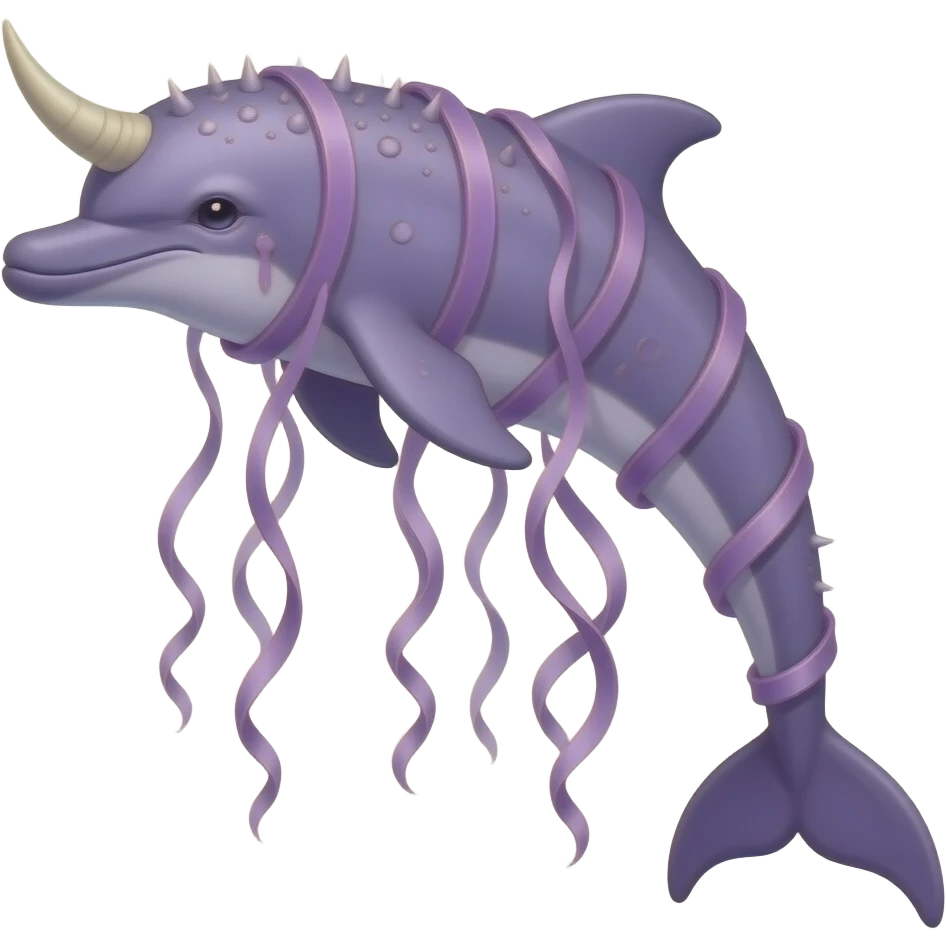 Kelphin A graceful purple dolphin creature covered in ribbon-like seaweed with spikes and a horn. emoji