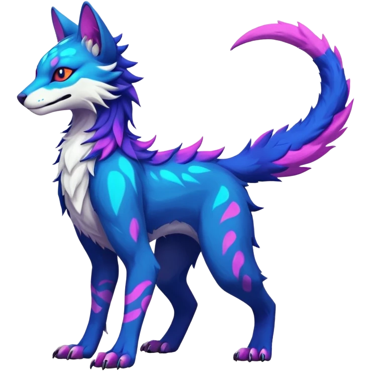 Neon-colored fantasy feline-vernid-sergal-protogen-primagen-fursona animal creature with a tufted tail full body with intricate markings  emoji
