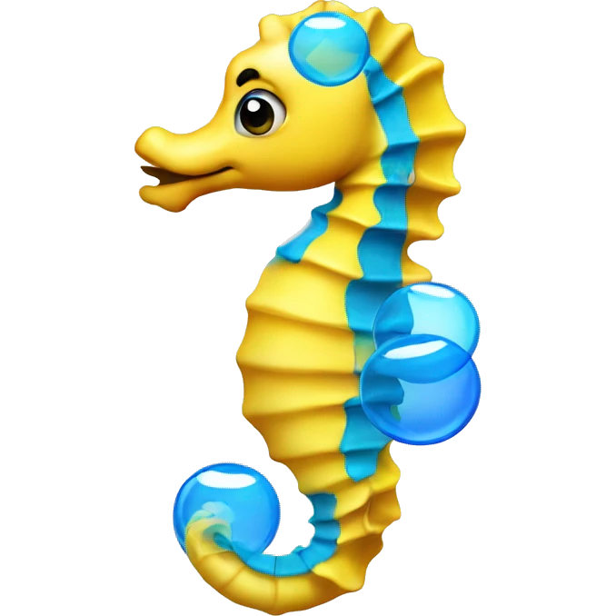 Yellow seahorse with blue belly and three bubbles floating out his mouth emoji