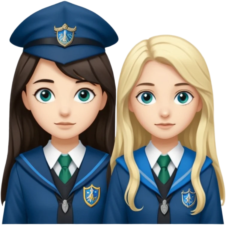 a pretty ravenclaw girl with long dark brown hair and blue eyes standing with a pretty Slytherin girl with long blonde hair, blue eyes emoji