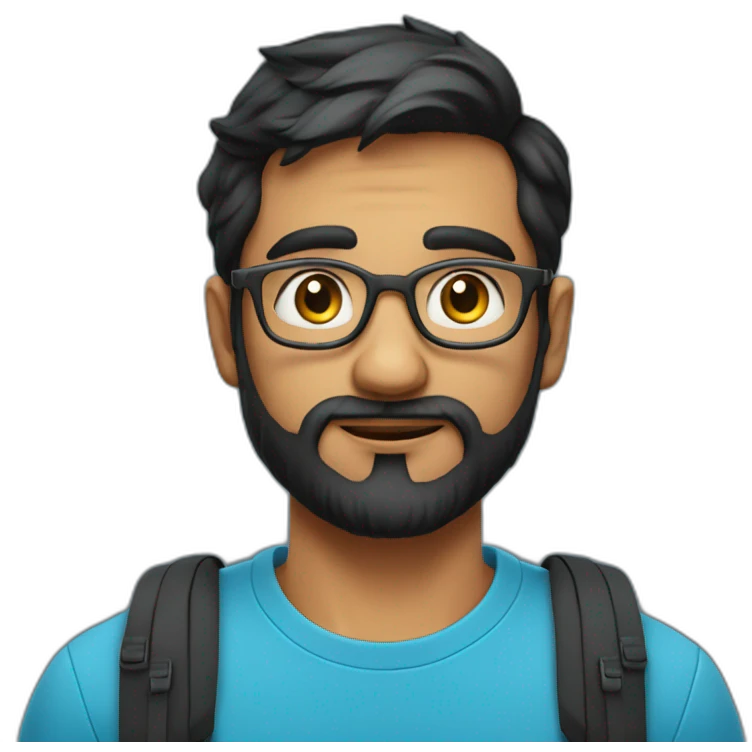 indian physics phd student with a short beard and round glasses in a blue t shirt with black hair and a laptop bag emoji