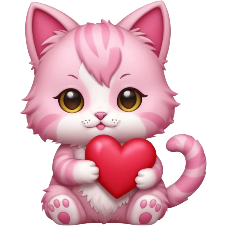 chibi anime pink cat holding a big heart emoji