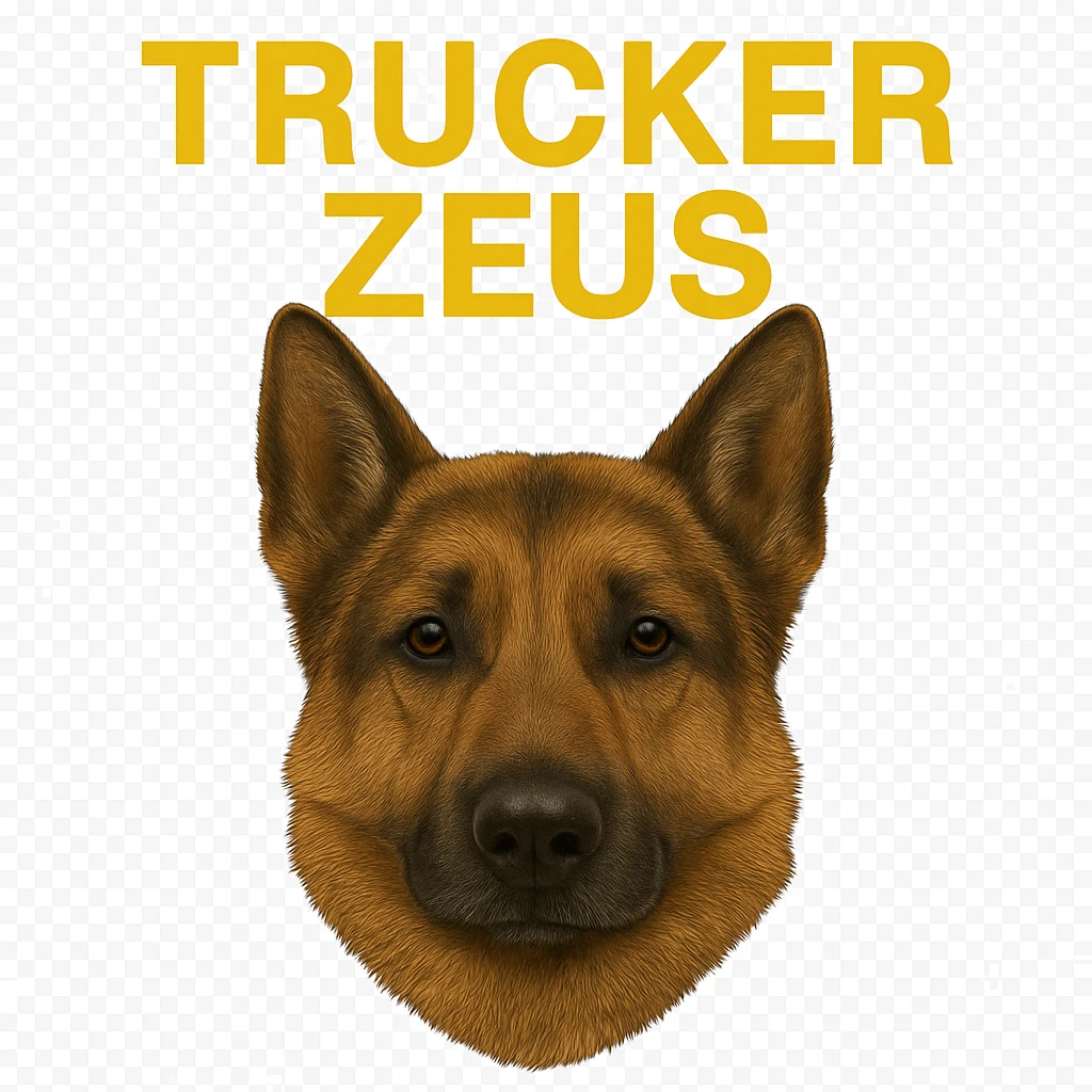 Further compress the image to reduce file size as much as possible while keeping transparency, realistic German Shepherd, and yellow 'Trucker Zeus' text. emoji