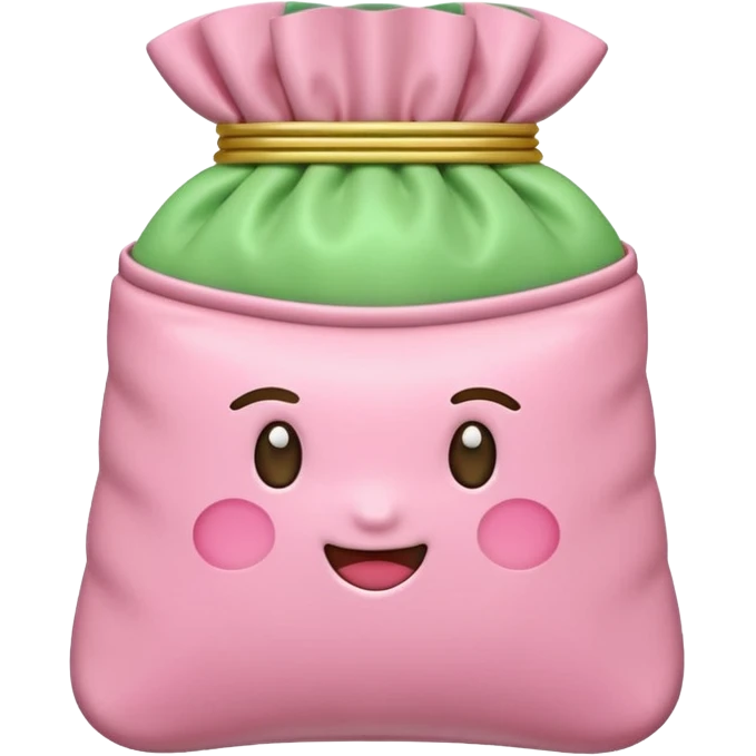 A Korean fortune pouch (bokjumeoni) in iPhone emoji style, pastel pink and light green colors, soft 3D glossy texture, centered, no outlines, transparent background. emoji