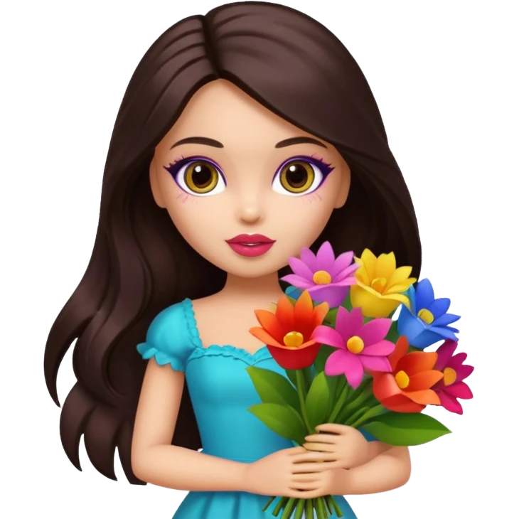  pretty bratz doll with makeup , long dark brown hair holding big bouquet of flowers  emoji