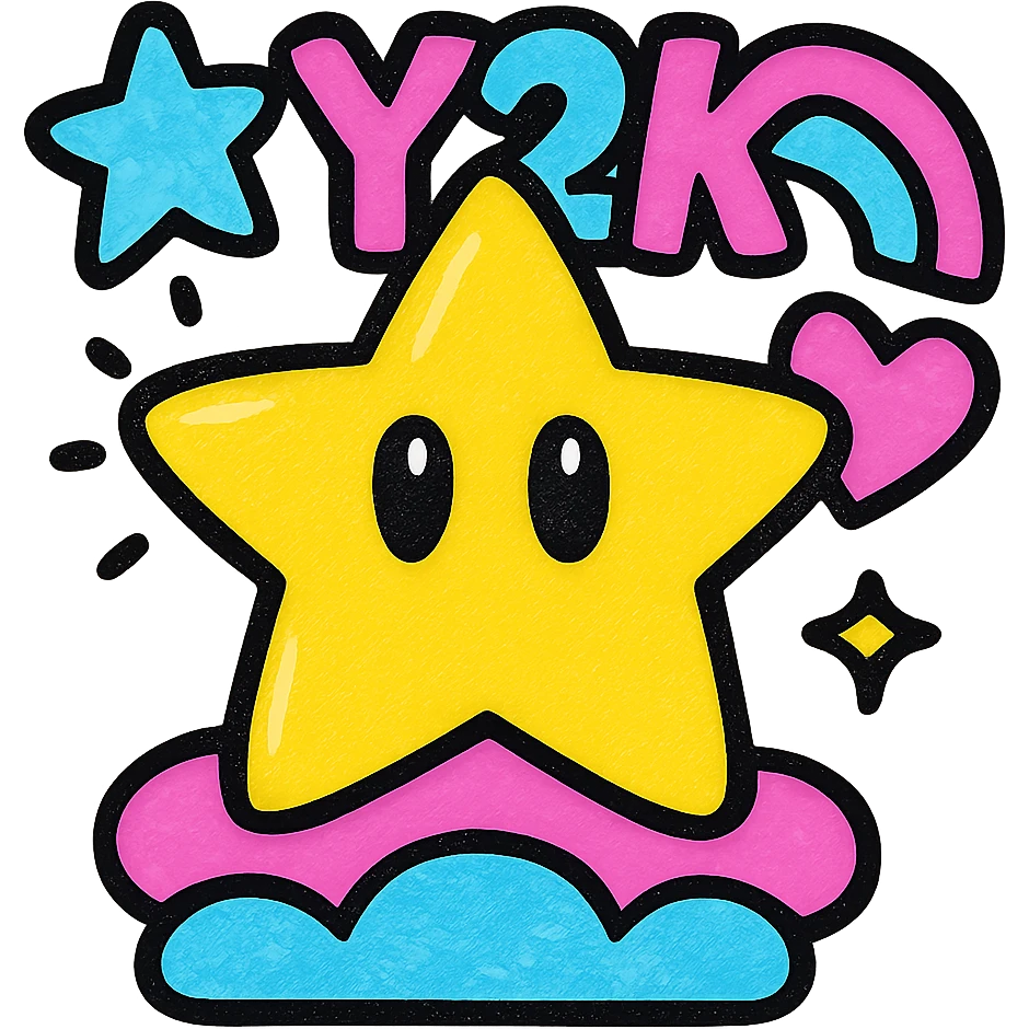 Y2K style Mario star, pastel colors, iridescent shine, and bold 2000s pop accents emoji