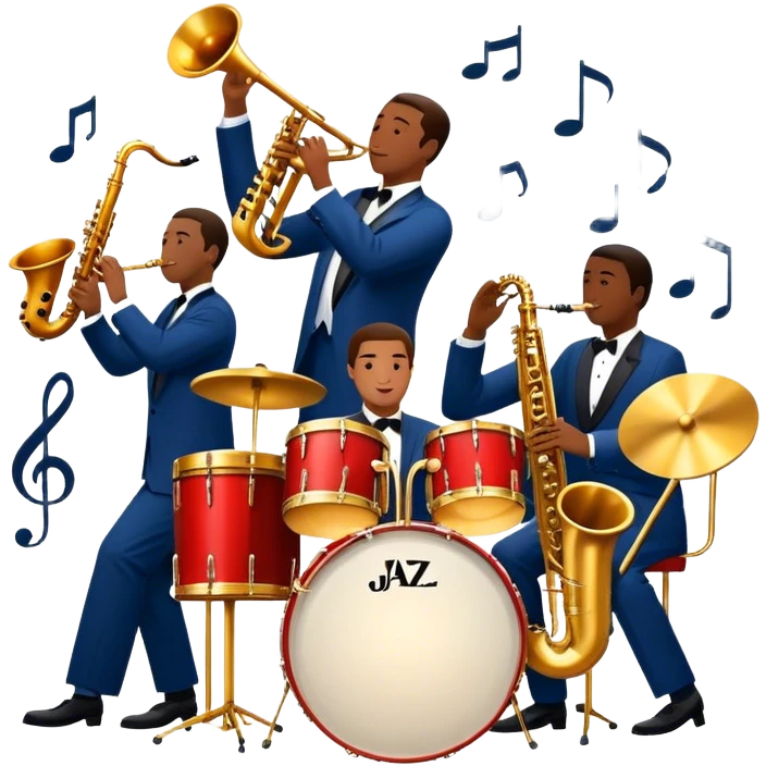 Icon for Jazz Music: The Jazz Messengers, featuring a dynamic composition with Art Blakey on drums and musicians playing saxophone, trumpet, and piano. Musical notes and a warm jazz club atmosphere emphasize the vibrant hard bop style. Transparent background. emoji