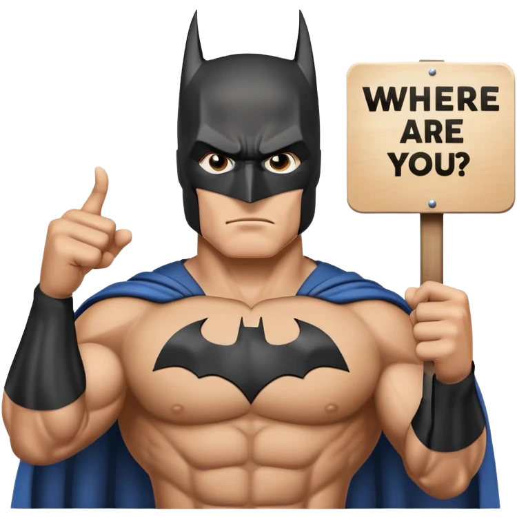 Batman holding a sign that says “Where are you ?” emoji