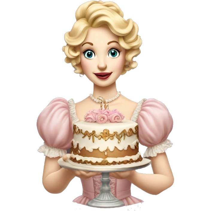 Blonde Woman holding a Vintage, highly detailed, rococo, Victorian, Birthday cake, pale pink, emoji