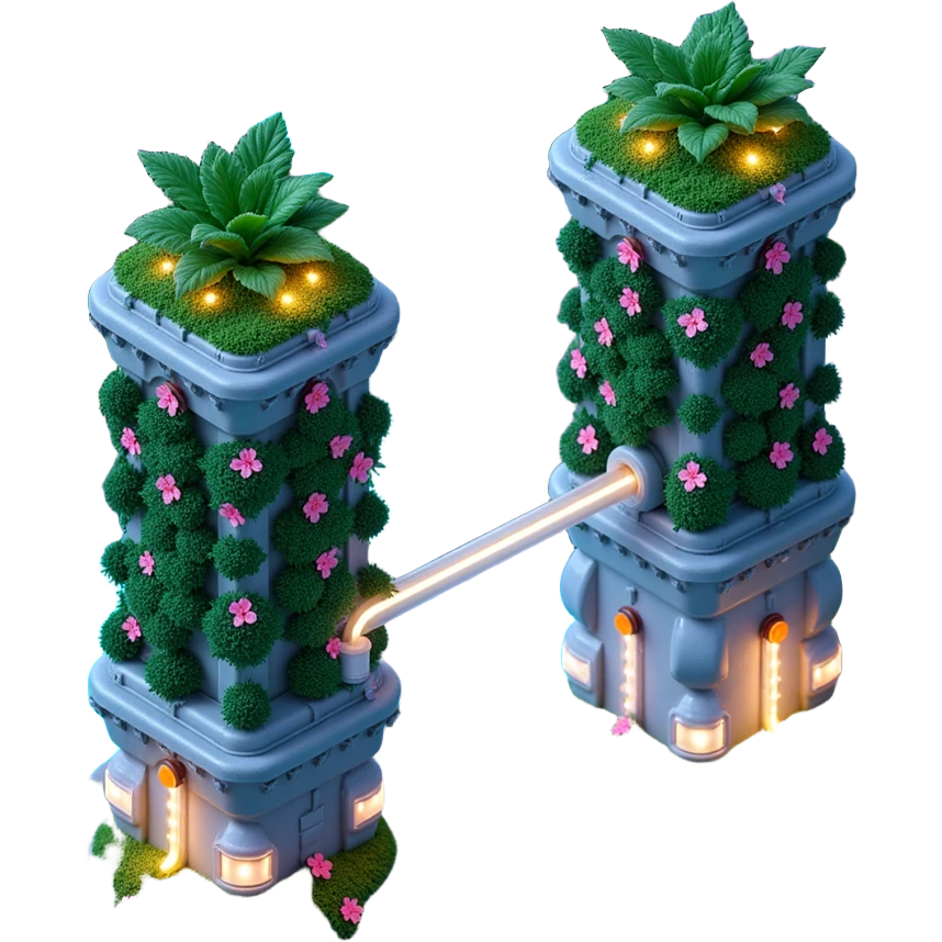 Exterior of a futuristic hydroponic farm with vertical crop towers, neon-lit pipes and glowing water tubes, sleek greenhouse structures emoji