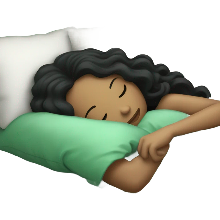 white european girl with long curly black hair sleeping in a bed with faded green striped comforters emoji