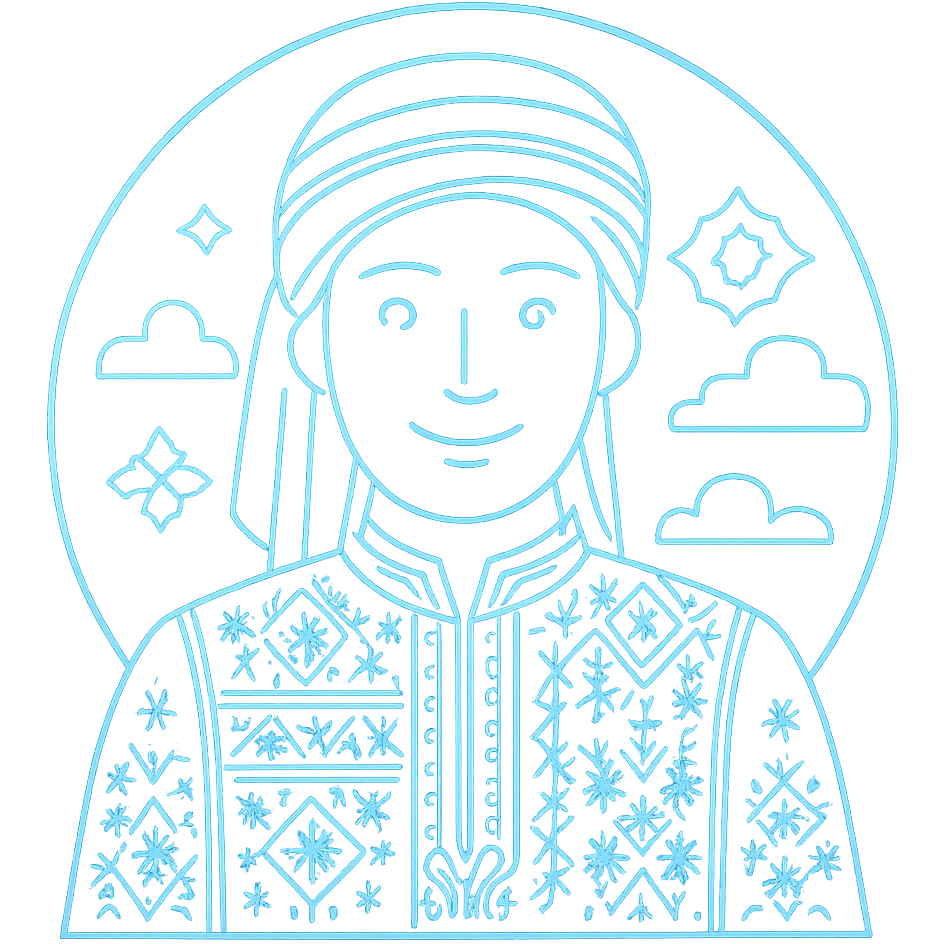 Add more prominent Algerian traditional patterns and motifs in a tech-inspired, minimalist style. Keep the avatar friendly and inside the glowing circular frame. Maintain a transparent background. The style should be tech-inspired minimalist with clear Algerian traditional patterns. emoji
