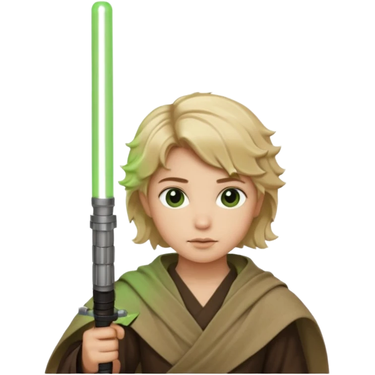 Young jedi with sandy blonde wavy short hair holding a green light saber, he has dark brown eyes emoji