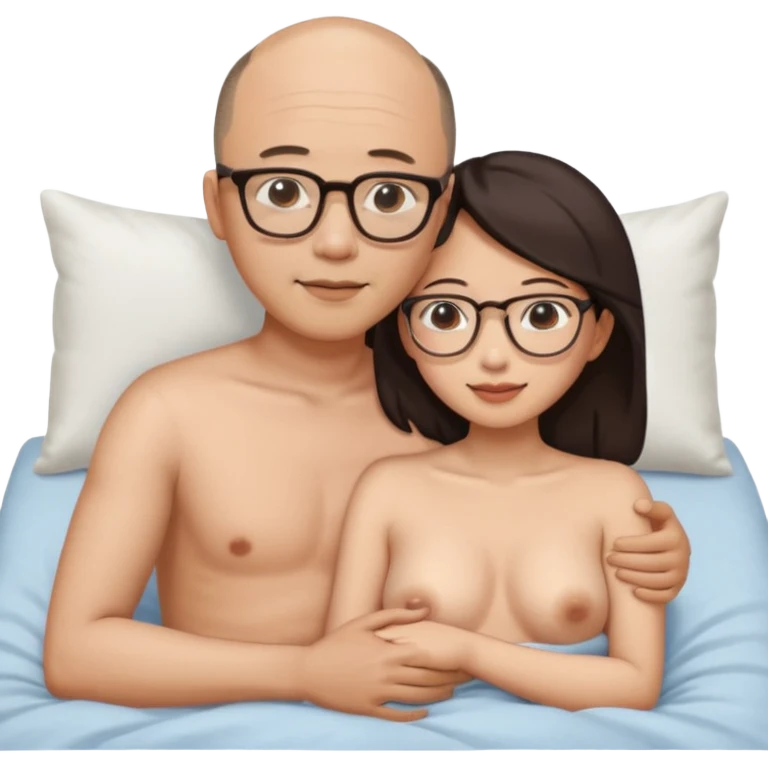 slightly balding asian man with glasses and asian woman naked in bed cuddling emoji