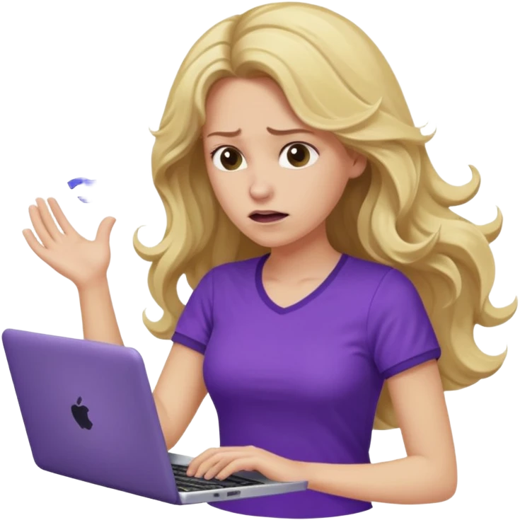 lady with long blonde wavy hair, purple top throwing her with a laptop looking defeated emoji