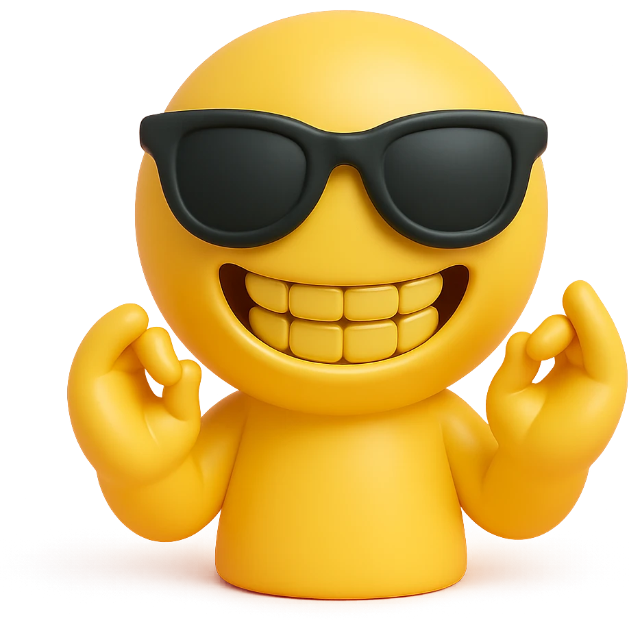 yellow emoji with sunglasses, hands up, fingers rubbing together, huge smile, shiny grills emoji