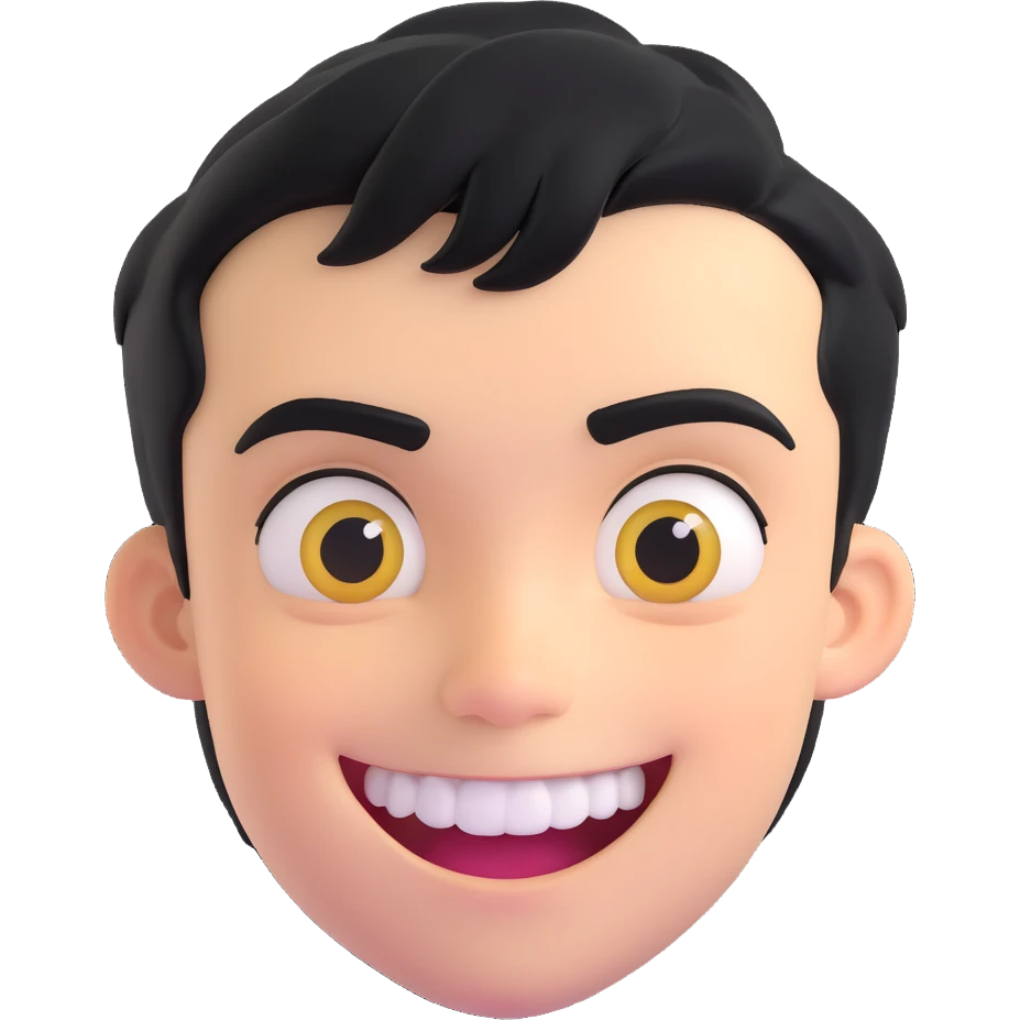 floating head of a boy with short black hair, dark eyebrows, mischievous smile showing gold teeth or grillz, smooth cartoon style, emoji aesthetic, simple background, centered face, expressive eyes emoji
