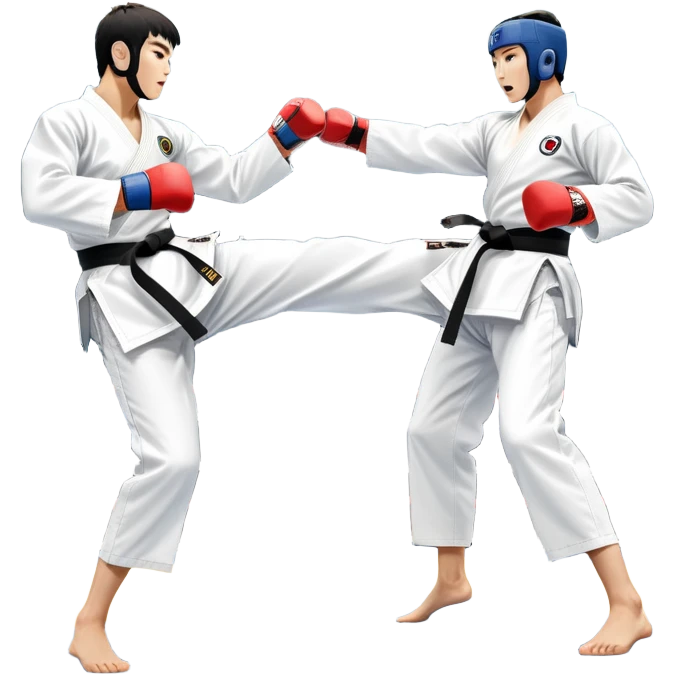 Two taekwondo fighters in traditional white doboks with black belts compete in a dynamic match. One executes a high spinning kick, while the other blocks skillfully. The background features a professional arena with bright lights and spectators. Transparent background. emoji