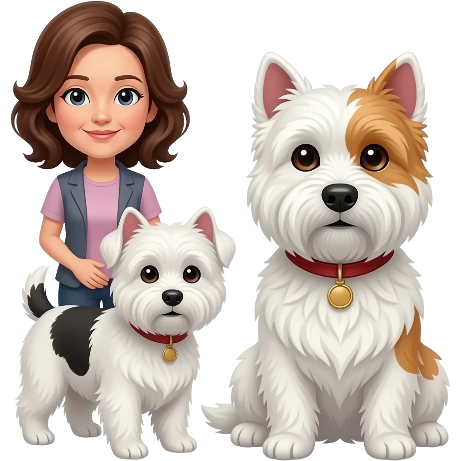 Middle age woman brown eyes , shoulder length light brown hair, with a female westie and a male westie emoji