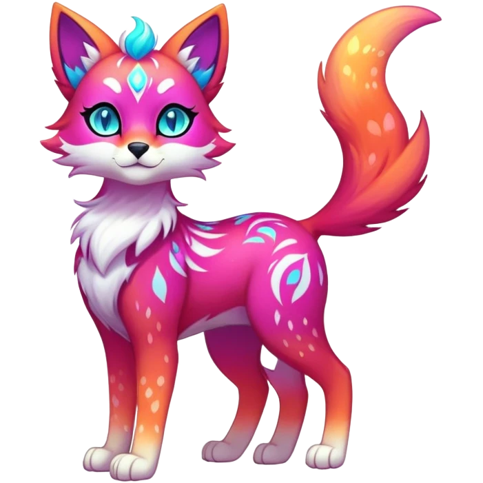 Vibrant multicolored neon-colored Falvie-Fionbri-creature-sparkle-feline-canine-hybrid-fursona, full body, fur pattern-markings emoji