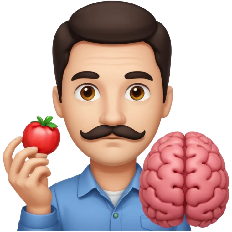 attractive man with dark hair and down turned mustache holding a brain as an emoji emoji