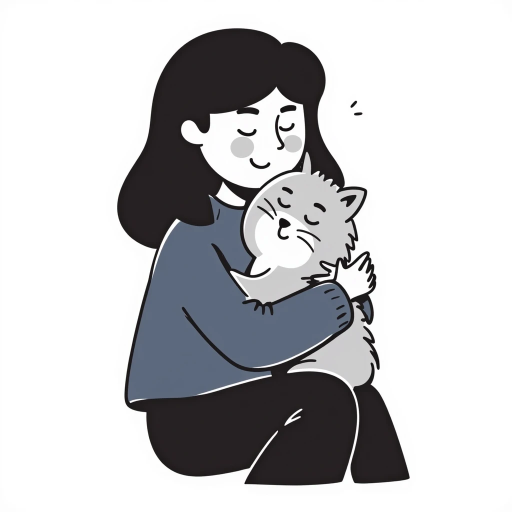Brunette girl with dark blue sweatshirt snuggling a fluffy grey Siberian cat emoji