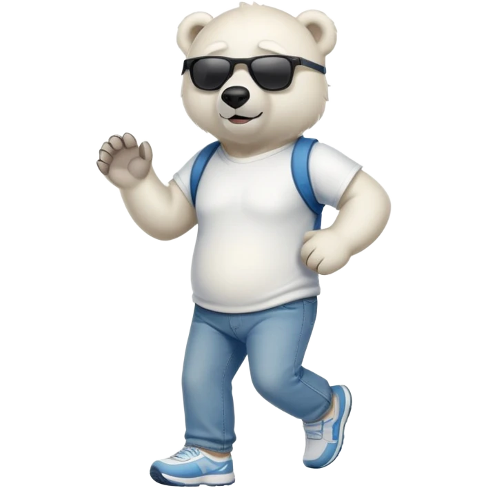 friendly anthropomorphised polar bear in jeans and a t-shirt, wearing dark sunglasses, jogging upright, standard pose emoji