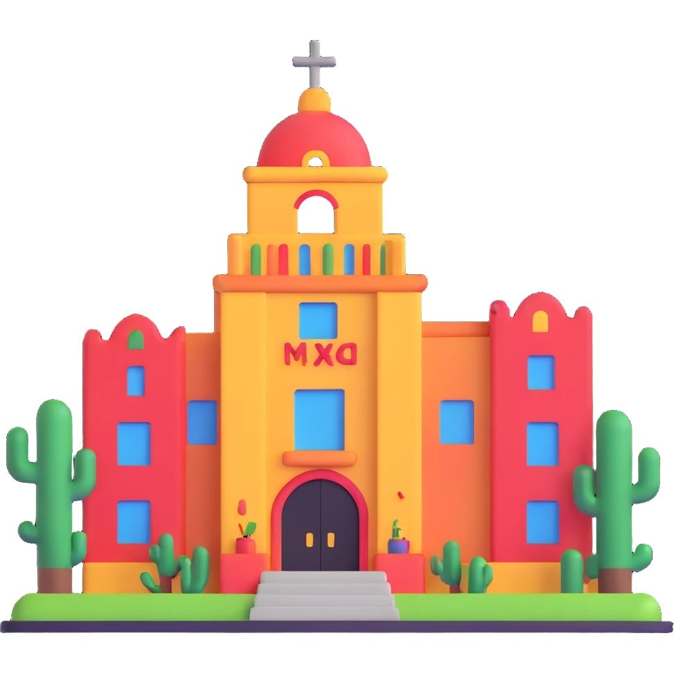Mexican school building with educational symbols emoji