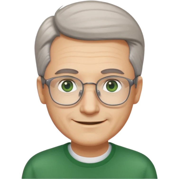 Man with receding hair, grey hair only on the sides, green eyes, rectangular reading glasses, rounded clear face, with a smile emoji