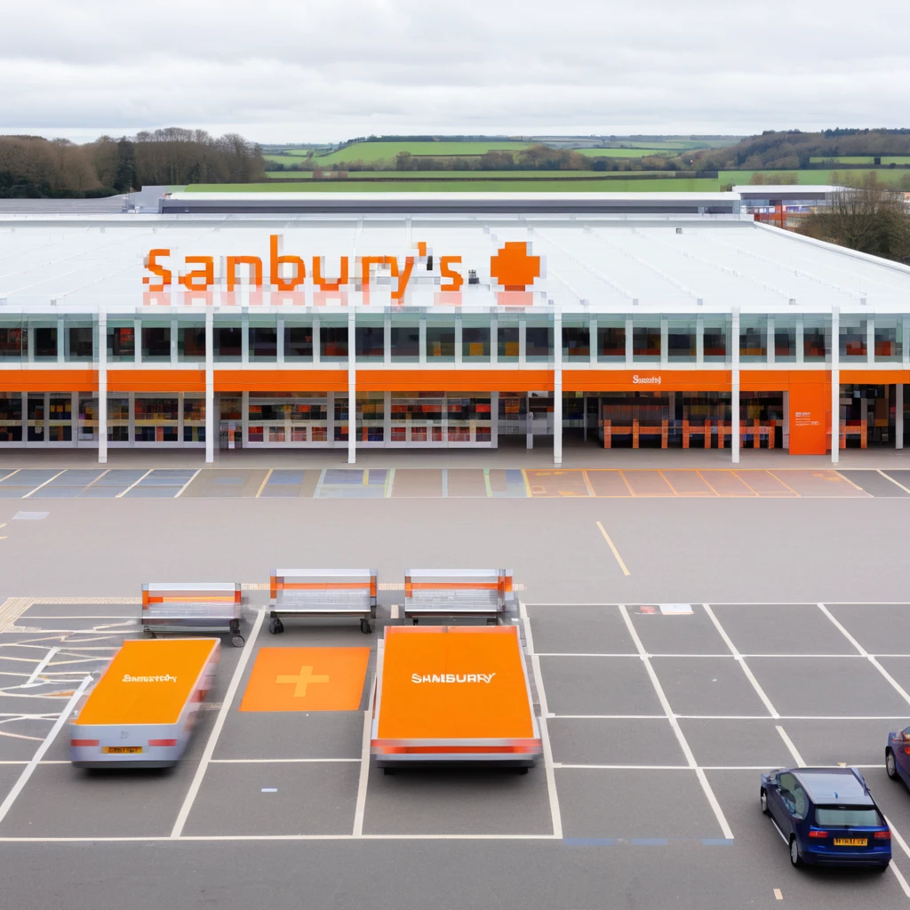 Isometric view of a Sainsbury's supermarket building with orange signage, large glass entrance, shopping trolleys, and car park with parent-child parking spaces emoji